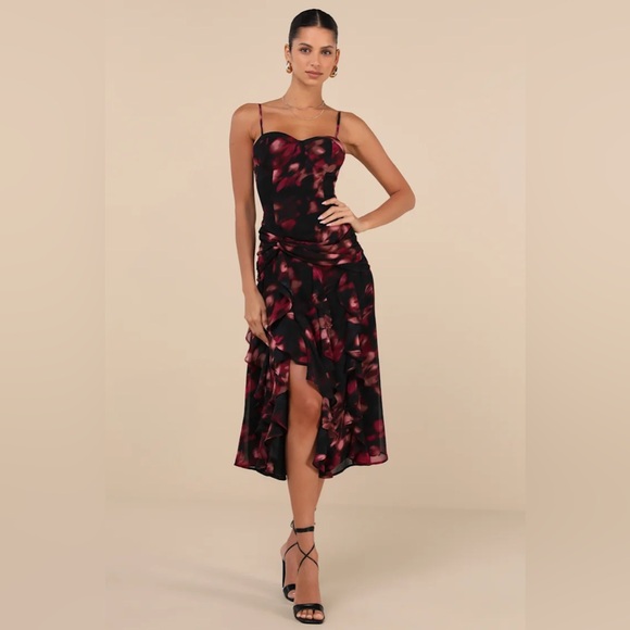 Lulus Impressive Attitude Black Abstract Ruffled Knotted Midi Dress - Picture 2 of 4
